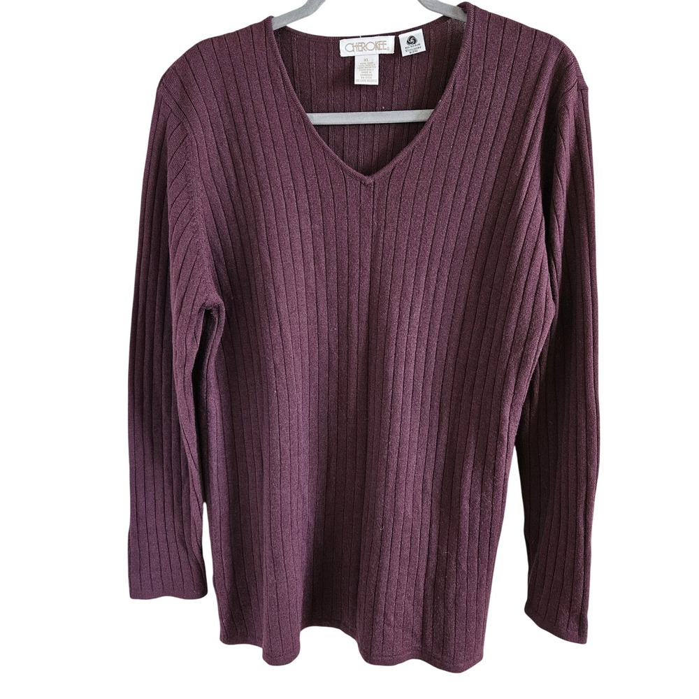 Cherokee Woman Size XL Wool Blend Tunic Sweater Vertical Rib Side Vent V Neck